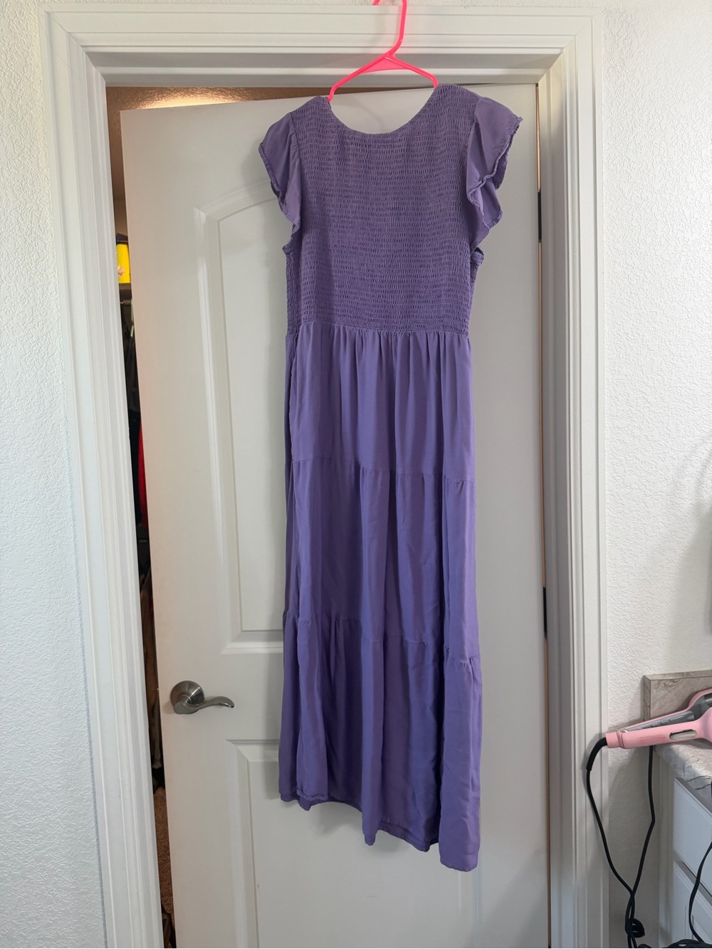 Purple Women's Smocked Maxi Dress with Flutter Sleeves